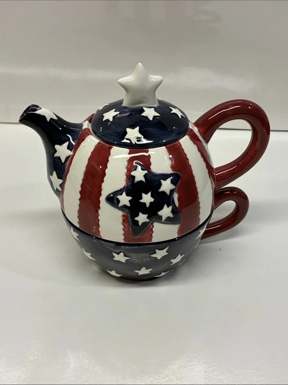 Patriotic Star Ceramic Teapot and Cup Set - Red, White & Blue